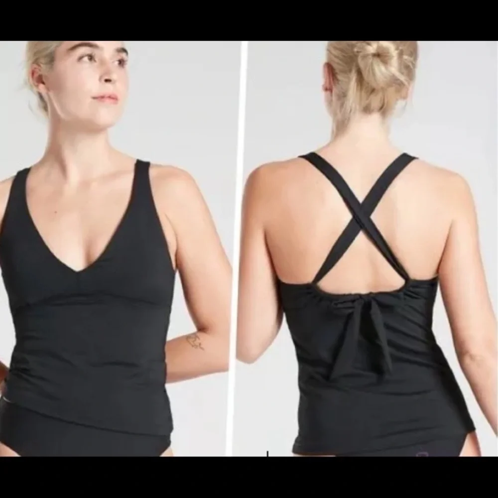 NWT athleta plunge tankini top medium large black A-C swim m l top bow tie back - Picture 1 of 14